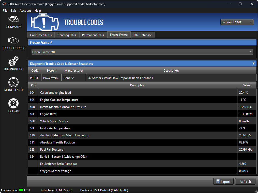Dark Mode screenshot of OBD Auto Doctor on Windows