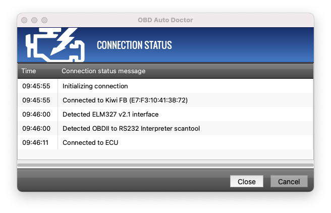 Connection status dialog on Mac
