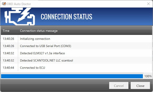 Connection status dialog on Windows