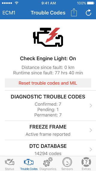 General Trouble Codes view on iPhone