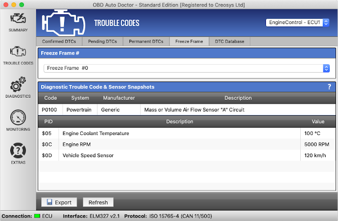 OBDII Freeze Frame with the macOS software